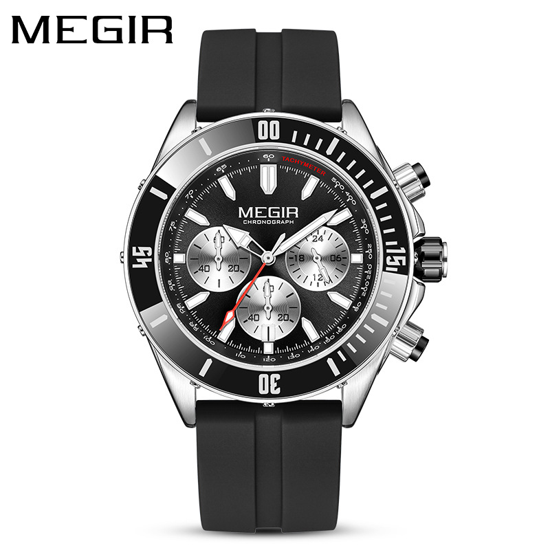 MEGIR 2226 Men Quartz Watch Silver Blue Black Business Chronograph Luminous Wristwatch with Stainless Steel Silicone Strap