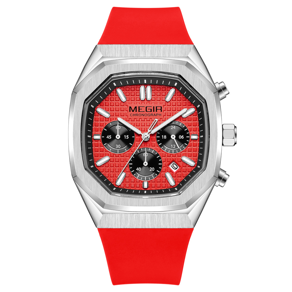 MEGIR Octagon Dial Silicone Strap Watch for Men Casual Yellow Chronograph Quartz Male Student Wristwatch with Date 24-hour 2215