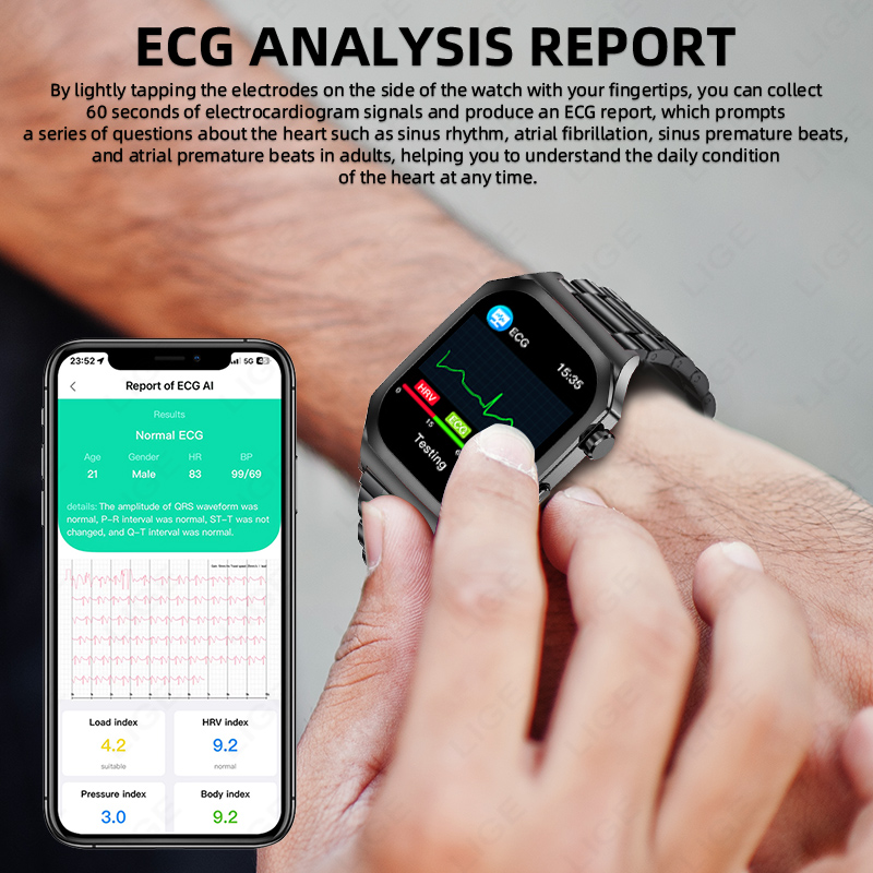 LIGE Smart Watch Men ECG 2.04inch AMOLED Heart Rate Blood Uric Acid Women's Health Monitoring Waterproof Fitness Smartwatch 2025