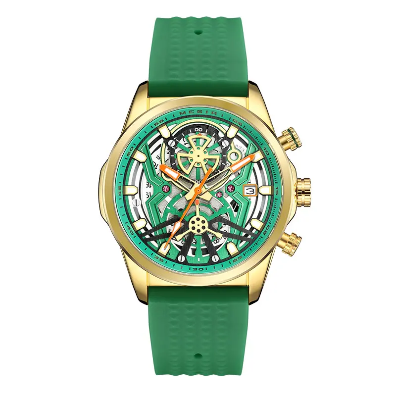 MEGIR Sport Quartz Watch Men Fashion Waterproof Chronograph Wristwatch with Date Olive Green Silicone Strap Luminous Hands 2235