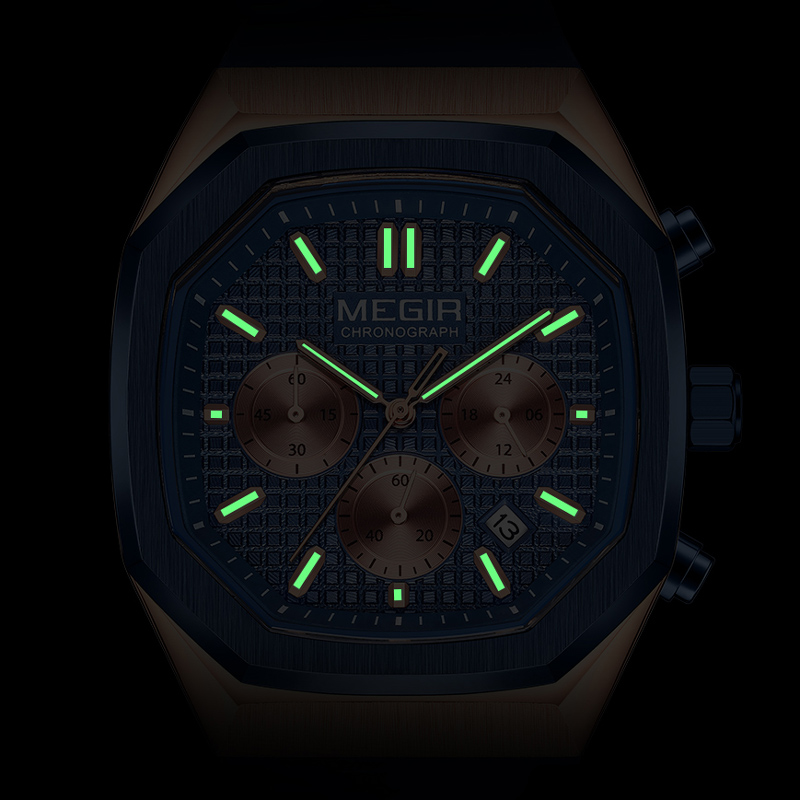 MEGIR Octagon Dial Silicone Strap Watch for Men Casual Yellow Chronograph Quartz Male Student Wristwatch with Date 24-hour 2215