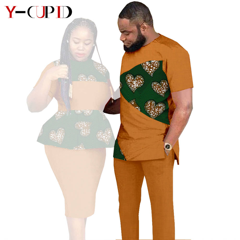 African Clothes for Couples Dashiki Women Patchwork Print Dresses Matching Men Outfit Top and Pants Sets Love Party Wear S20C010