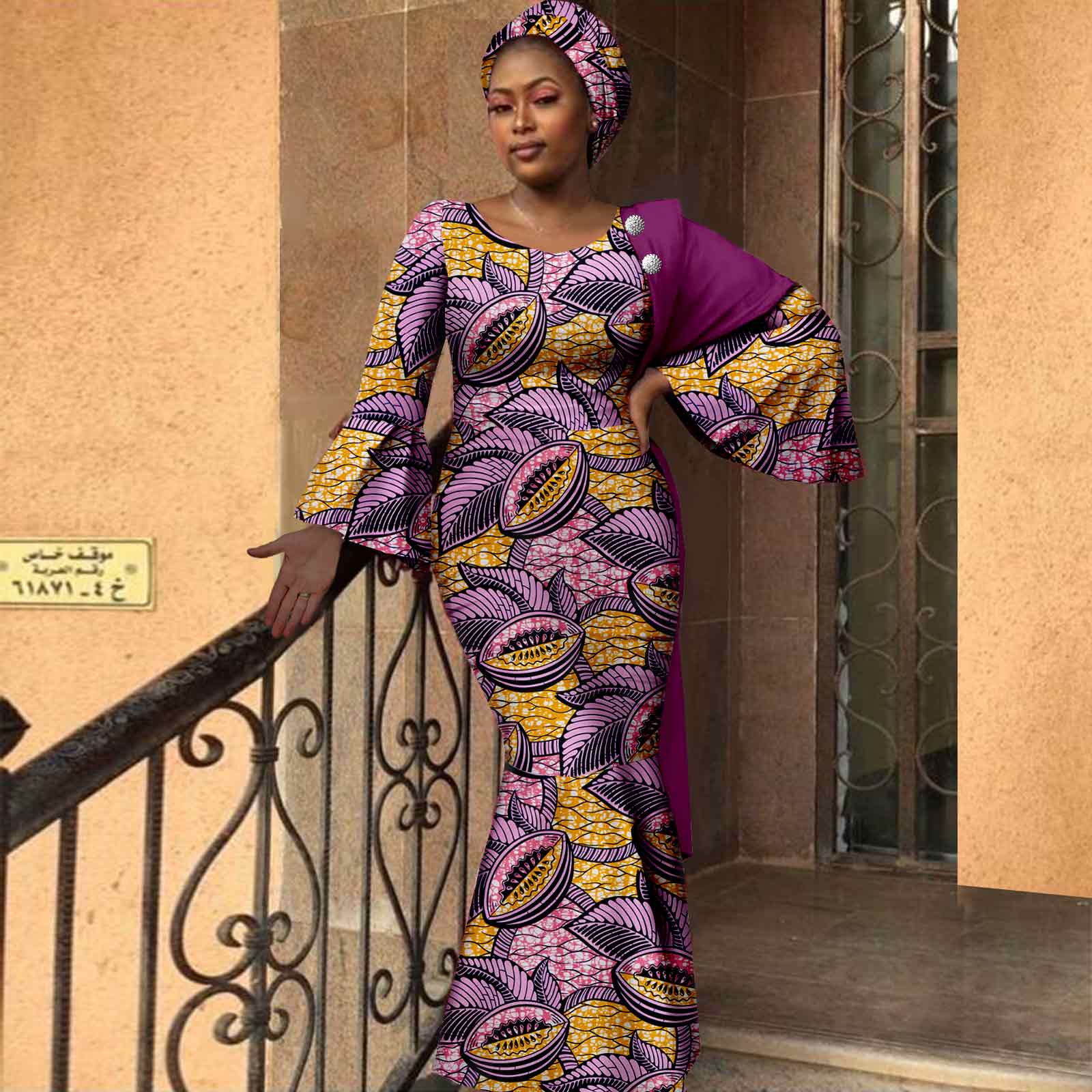 African Women Dresses Dashiki Ankara Print Slim Long Dress with Headwrap Bazin Riche Ladies Outftis Party Vestidos Y2225023
