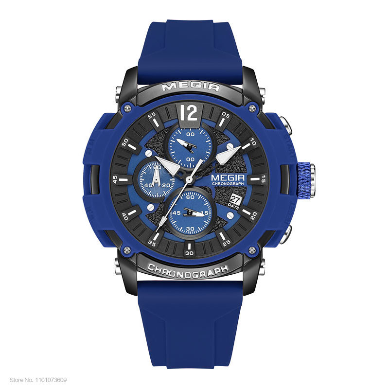 MEGIR Sport Watch Men Fashion Chronograph Quartz Wristwatch with Black Silicone Strap Luminous Hands 3atm Waterproof Auto Date