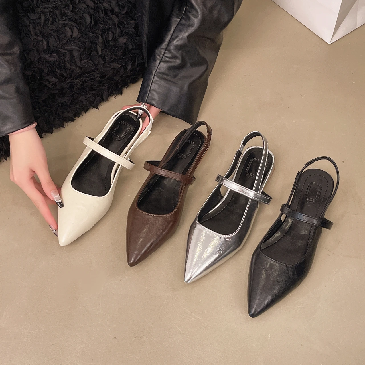 New Women Baotou Patent Leather One Line Buckle Strap Cat Heel Sandals Female Sexy Black Silk Pointed Thin Heel Flat Shoes