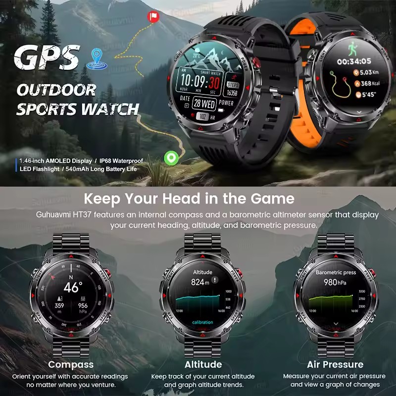2025 New Military Bluetooth Call Smart Watch Built-in GPS Compass Barometric Altimeter 10ATM Waterproof Sports Smartwatches Men