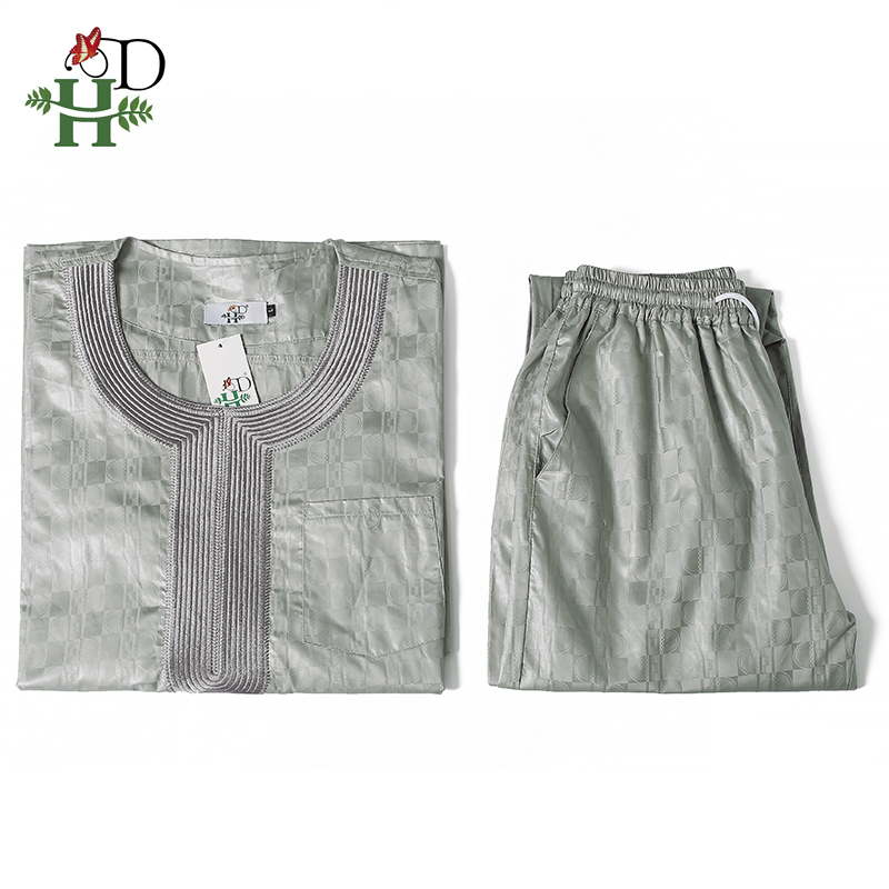 H&D African Clothes For Men Dashiki Top Pant 2 Pieces Outfit Set Riche Grey Embroidery Shirt Trouser Rich Bazin Original Muslim