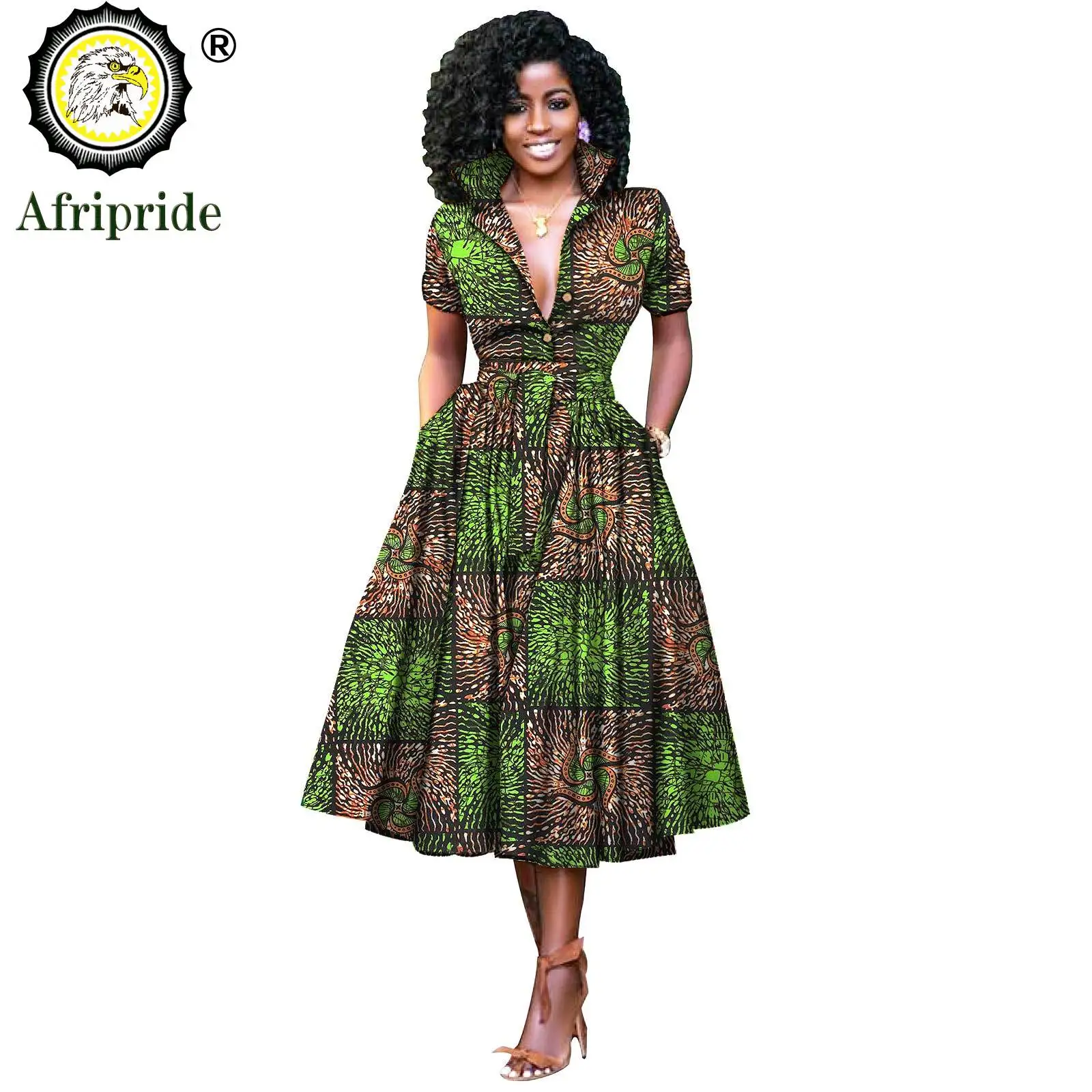 African Dresses for Women Short Sleeve V-neck High Waist Ankara Fabric Print Formal Dress Pure Cotton Bazin Riche Dress S2025072