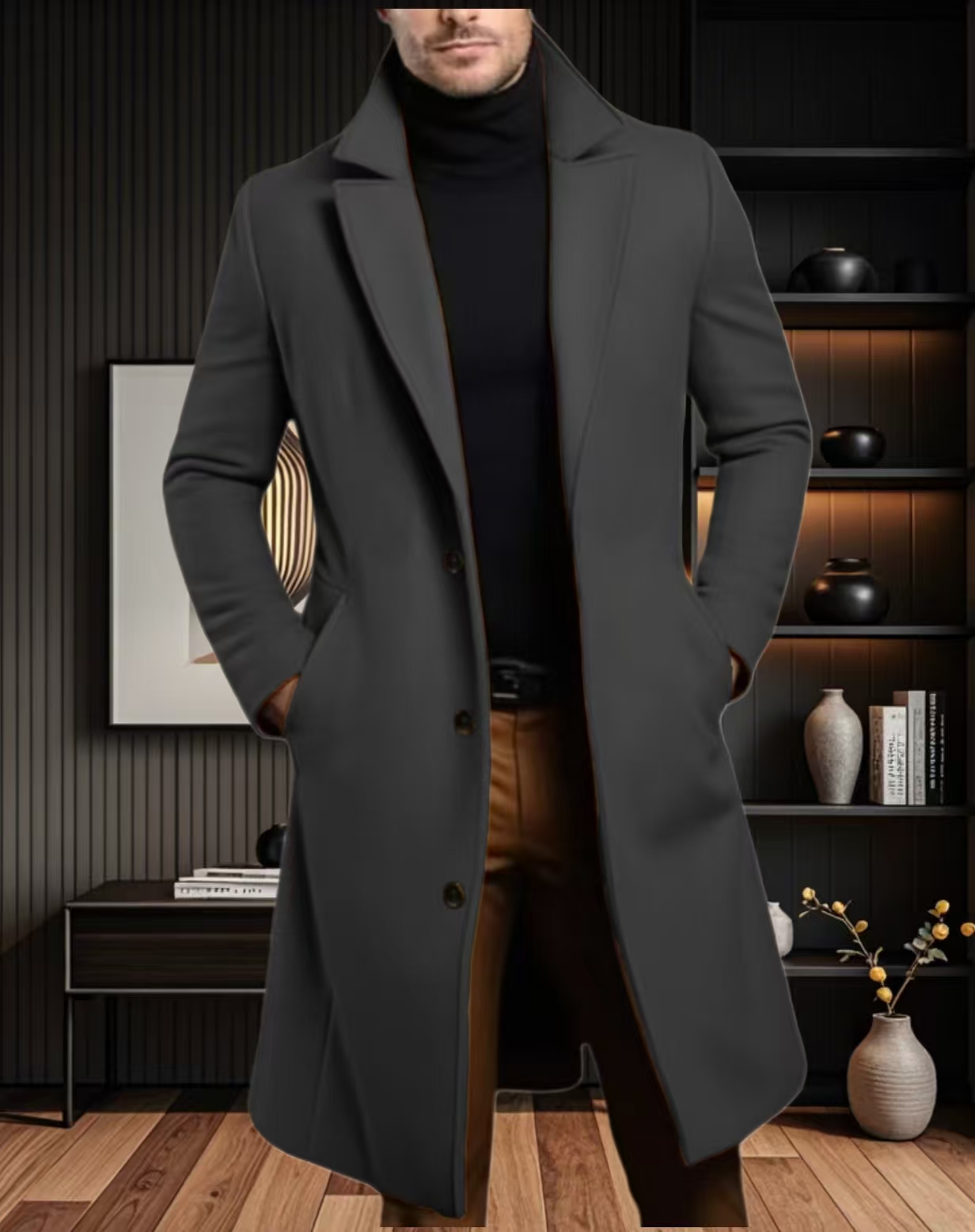 Men Lapel Coat Stylish Warm and Comfortable Black Trench Coat for Men Winter Autumn Overcoat Classic Lapel Daily Office