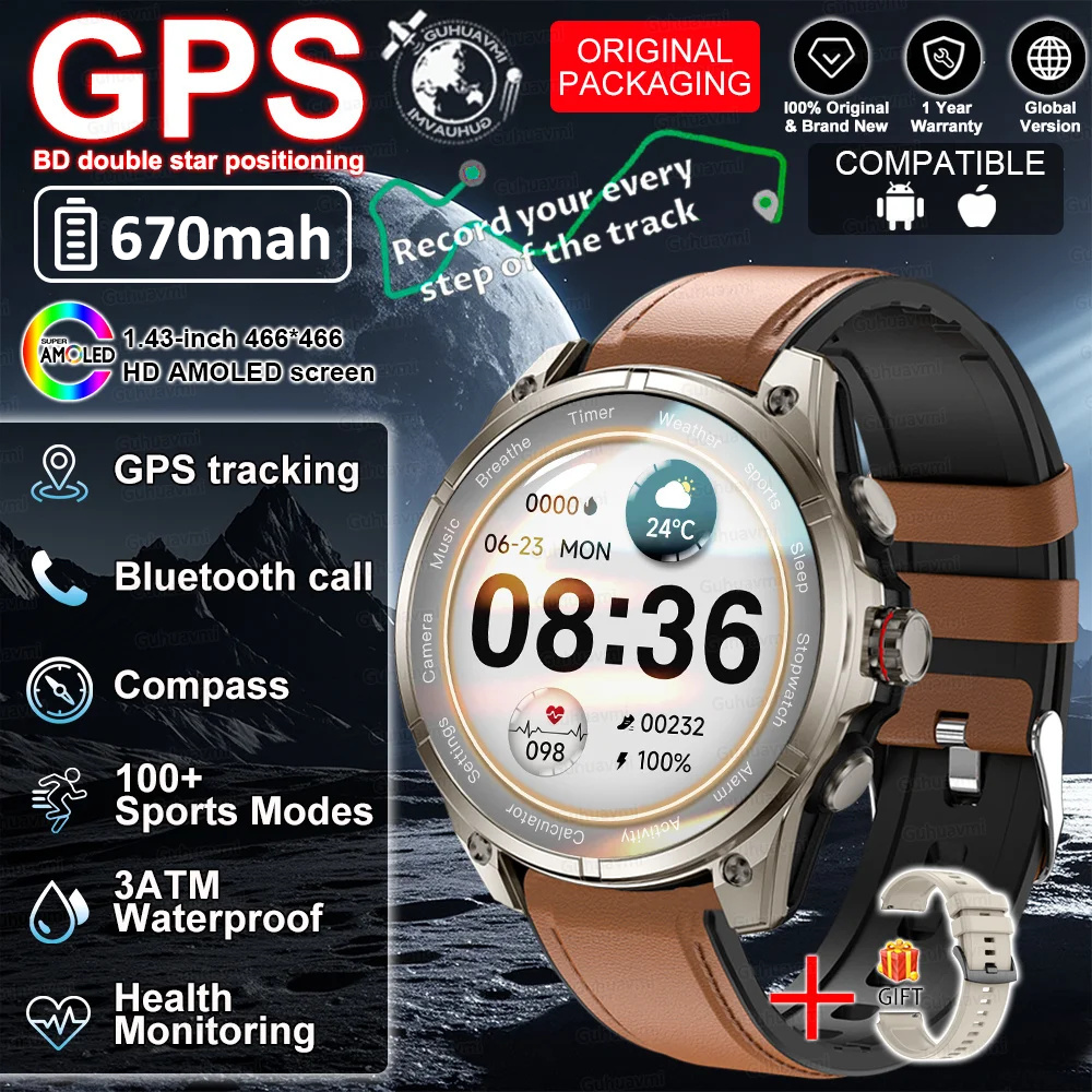 2026 GPS Smartwatch Outdoor Sports Waterproof Flashlight 1.43inch AMOLED Custom dial Call Compass Smart Watches For Android IOS