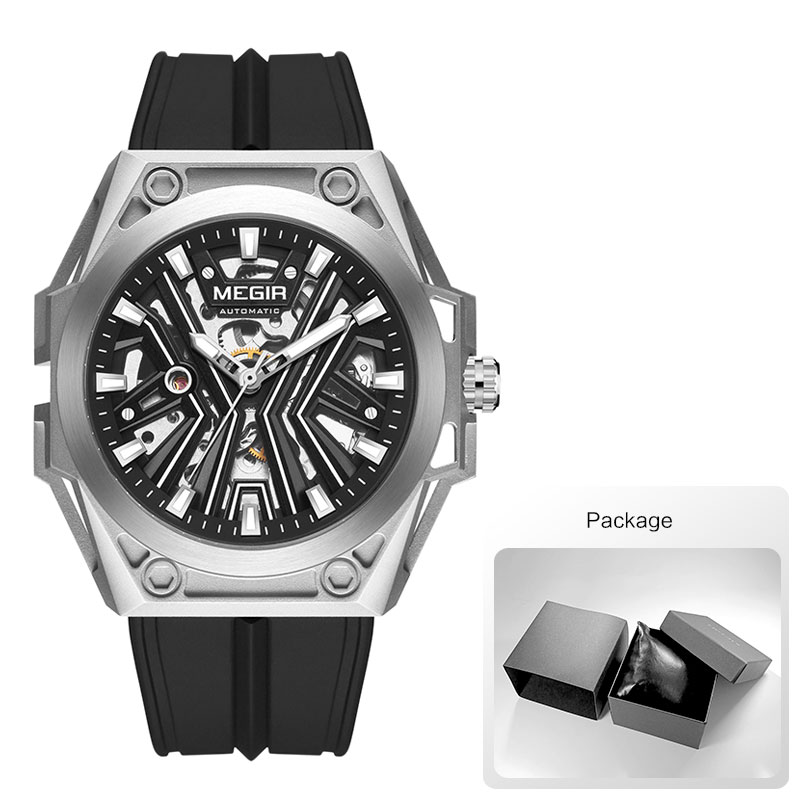 MEGIR 8603 Fashion Automatical Watch for Men Military Sport Waterproof Mechanical Skeleton Dial Silicone Strap Watches for Man
