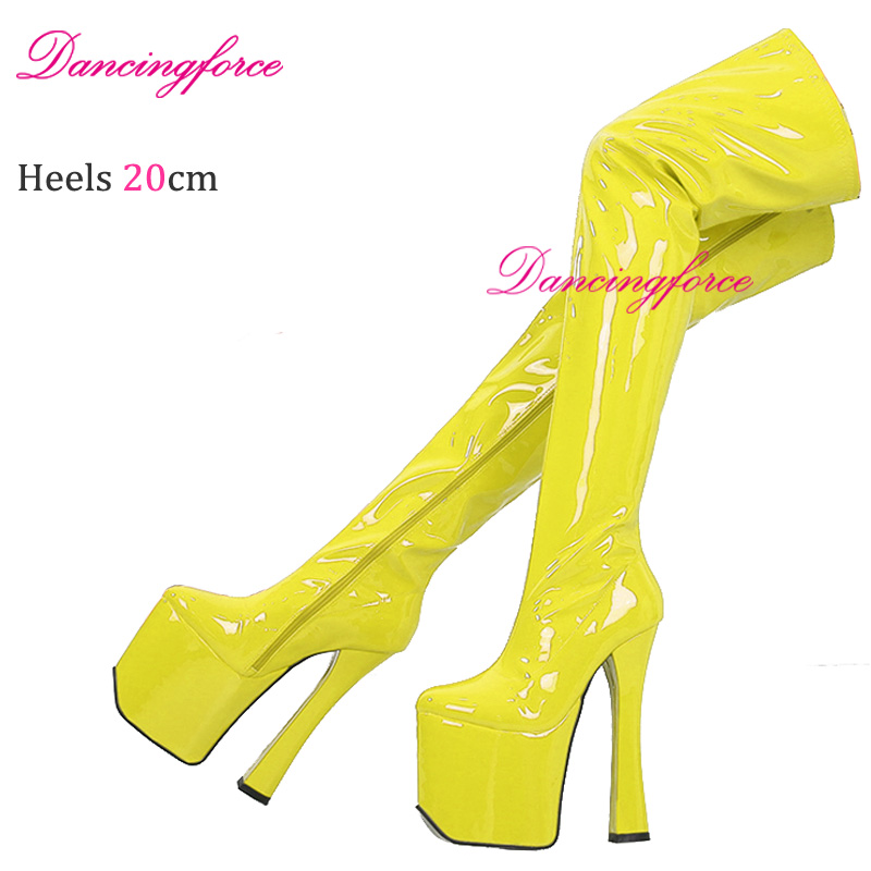 Metal Silver 20cm Block Heels Platform Thigh High Boots Ladies Glossy Nightclub Fetish Over Knee Long Shoes Plus Size