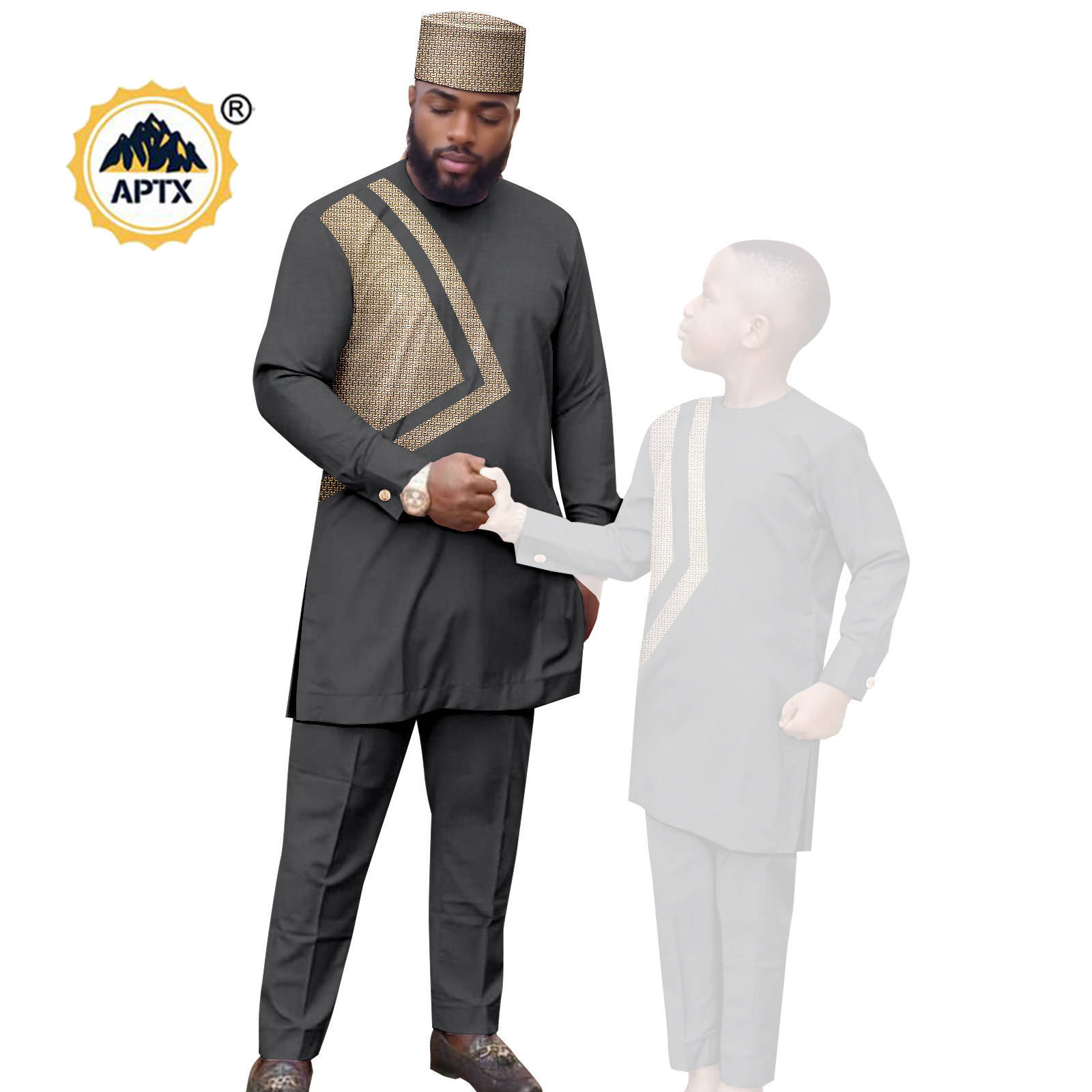 African Clothes for Family Dashiki Men Outfits Hat Top Shirt and Pant Sets Bazin Riche Father and Son Children Outwear 24F024