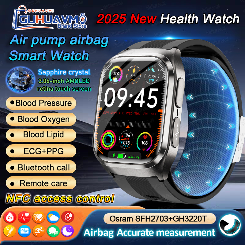 2025 New Air Pump Blood Pressure Accurate Measure Smart Watches Men Micro Physical Examination Fitness Sports Airbag SmartWatch
