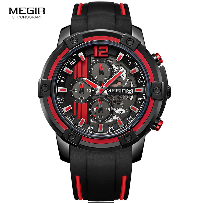 Megir Men's Sports Quartz Watches Army Military Chronograph Wristwatch for Man Luminous Relogios Masculino Clock 2097 Black Red