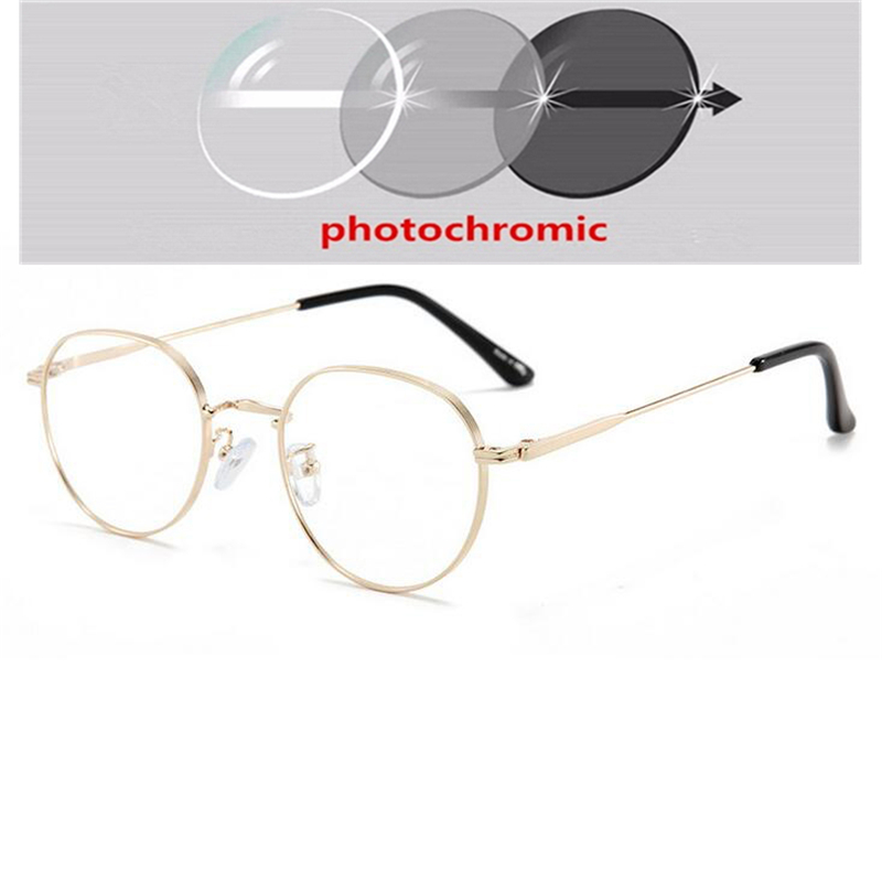 Metal Anti Blue Light Polygon Myopia Glasses Finished Women Men Photochromic Gray Prescription Eyeglasses 0 -50 -75 -100 To -400