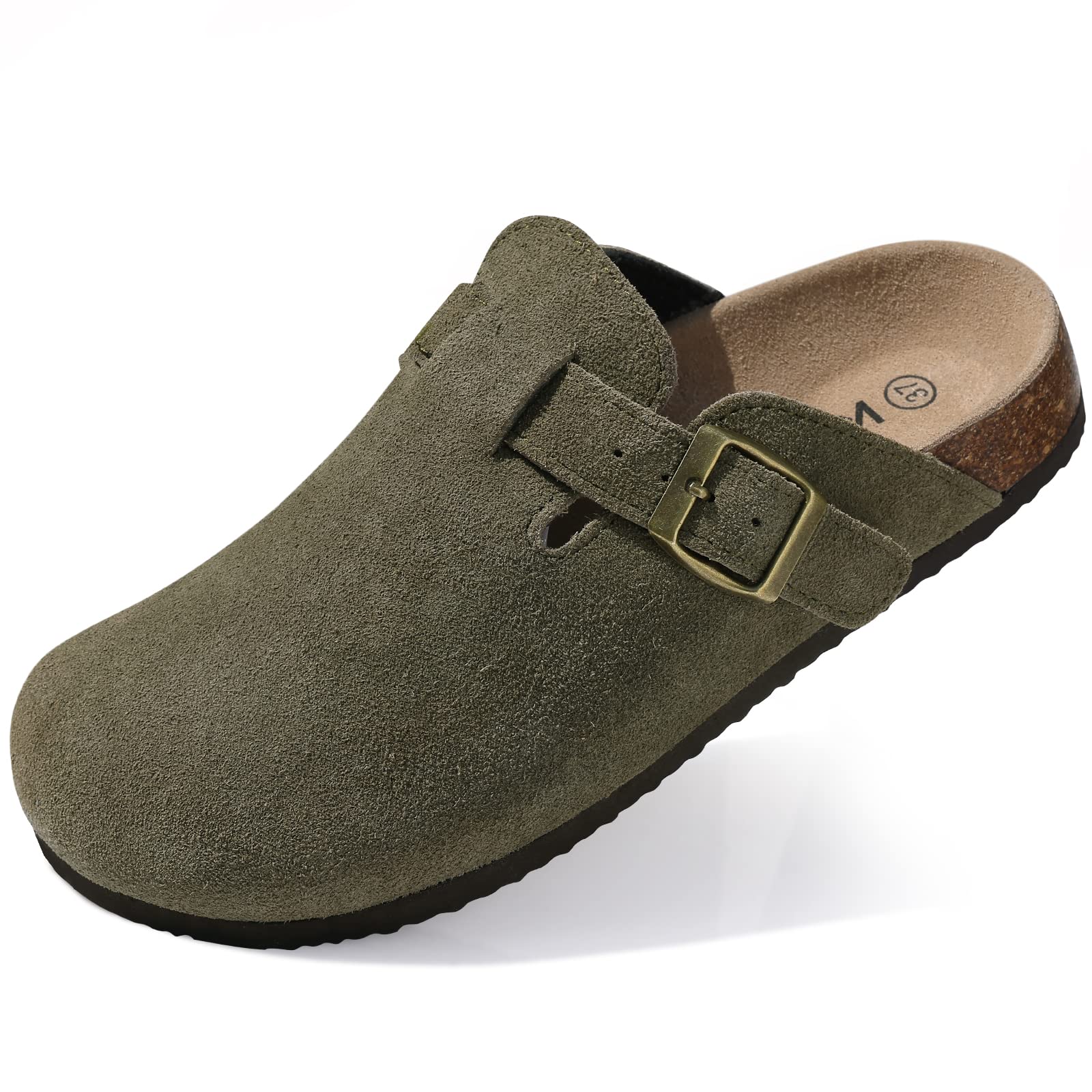 Kidmi Men's Suede Clogs Cork Footbed Clogs for Women Soft Leather Adjustable Buckle Slip-on Potato Shoes Sandals Beach Slippers