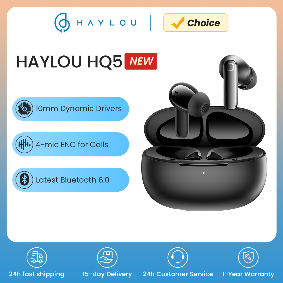 HAYLOU HQ5 ANC Wireless Earphones Bluetooth 6.0 Noise Cancellation Headphones -28dB Fast Charge Earbuds 4 Mic Sports Headset