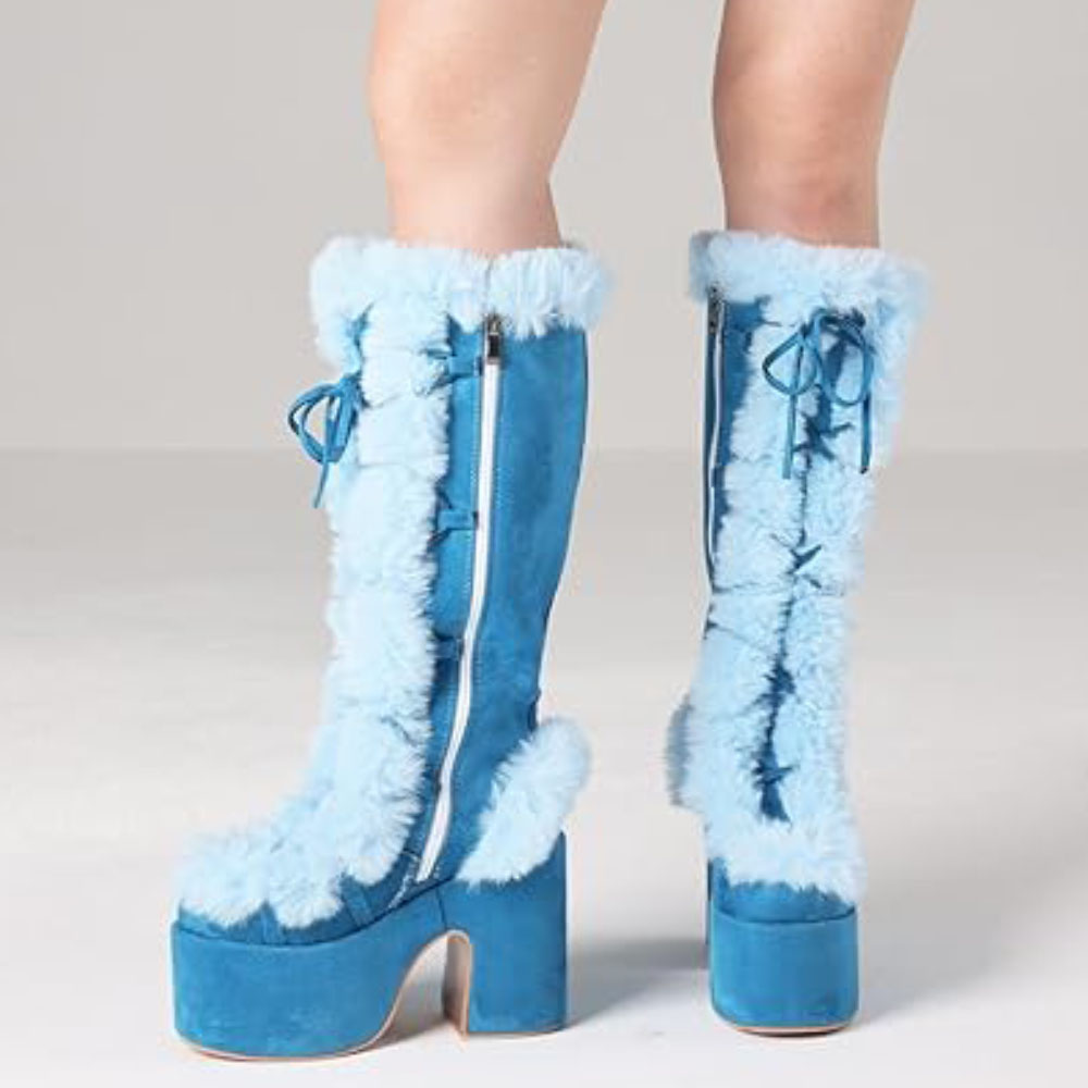 Big Size 46 Winter y2k Pink Knee High Boots Women White Chunky Platform Boots Gothic Black Faux Fur Block High Heels Boots Shoe