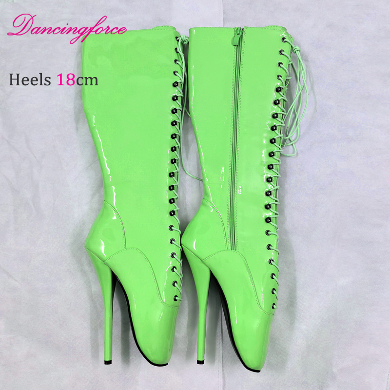Dancingforce Stiletto Black Patent 18cm Sexy Fetish Ballet Shoes Extreme High Heel Women Knee High Ballet Boots Lace Up