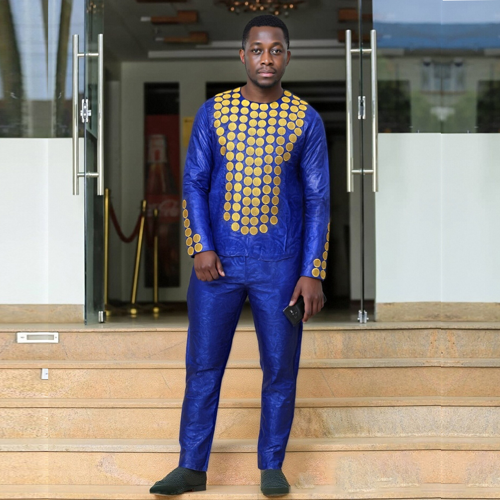 African Clothing For Men Traditional Bazin Riche Embroidery Design Top Long Sleeve 3 Piece Set