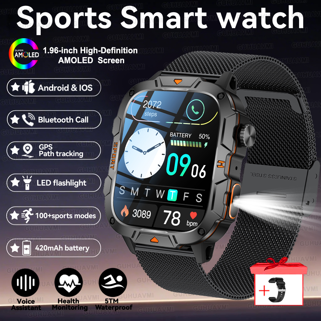 2025 For Xiaomi Outdoor Sports Smart Watch GPS trackr 5ATM Flashlight 1.96" HD Display Screen Bluetooth call Men Fitness Watches