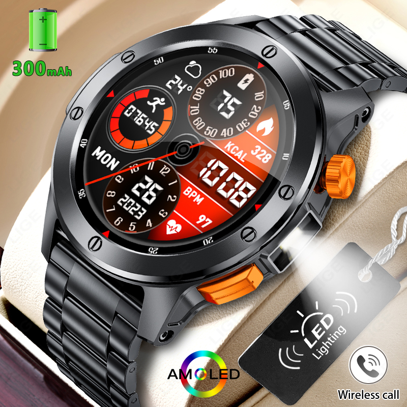LIGE Fashion Smart Watch Men Voice Assistant Bluetooth Call Heart Rate Monitoring IP68 Waterproof LED Flashlight Men SmartWatch