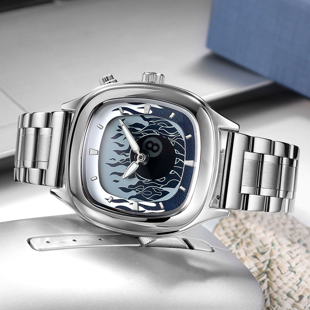 Retro Millennium Watch for Men with Dynamic Flame Dial Unique Creative Quartz Wristwatch with Stainless Steel Strap Square Case