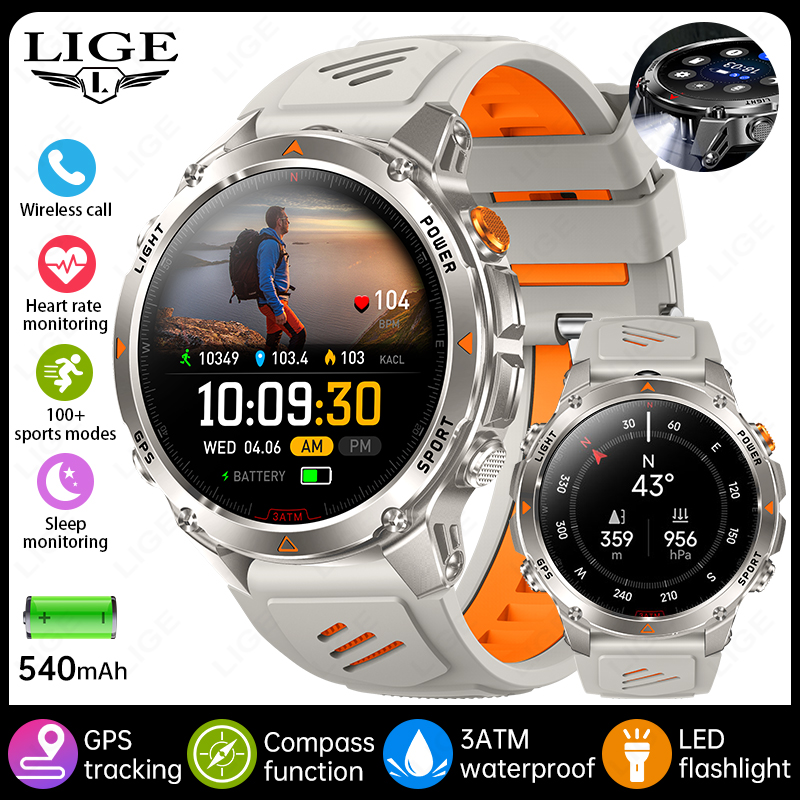LIGE 2025 New Professional GPS Track Sports Smartwatch Outdoor RIDE Run Compass Altimeter 3ATM Fitness Bracelets 540mAh Watches
