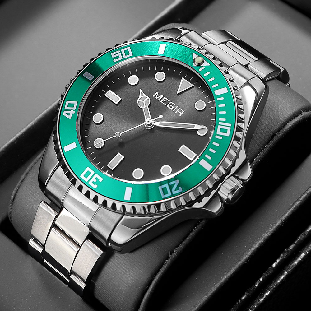 MEGIR Men's Minimalist Quartz Watch with Luminous Hands Calendar Date Stainless Steel Band Simple Business Style Wristwatch