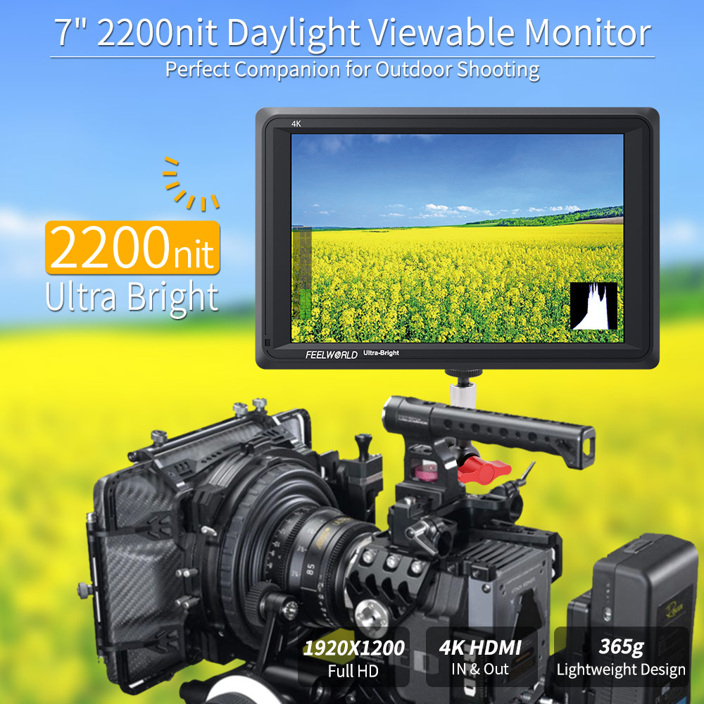 FEELWORLD FW279 7 Inch 2200nit Daylight Viewable Camera Field Monitor High Brightness 4K HDMI Input Output 1920X1200 IPS Panel