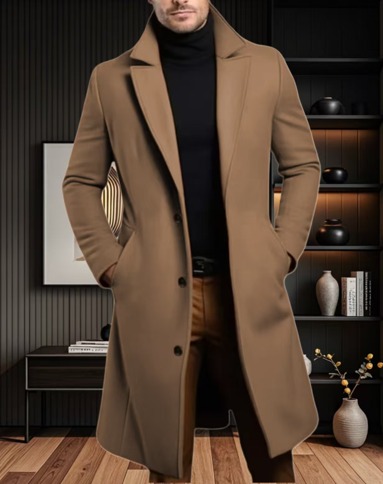Men Lapel Coat Stylish Warm and Comfortable Black Trench Coat for Men Winter Autumn Overcoat Classic Lapel Daily Office