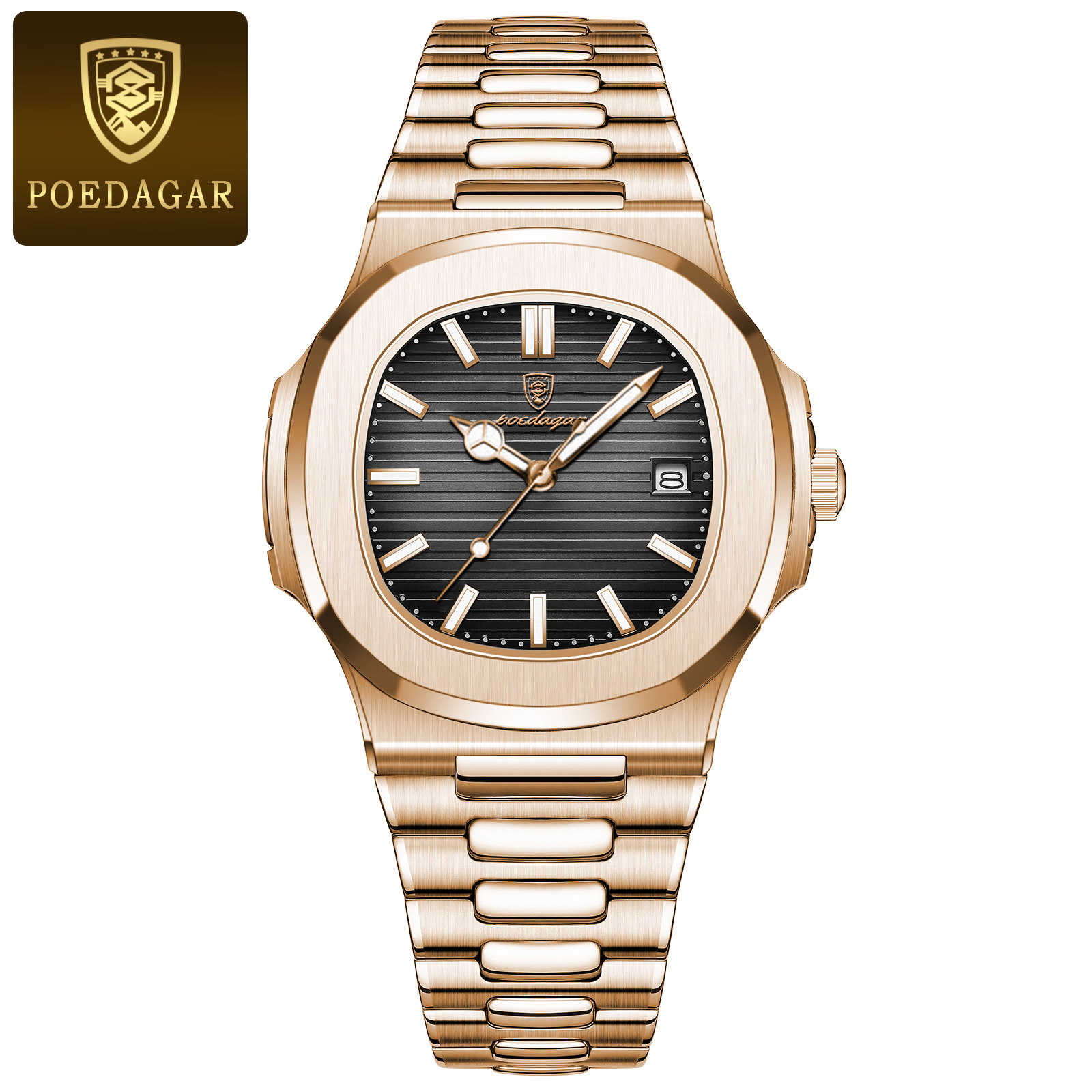 POEDAGAR Luxury Watch Business 50 ATM Waterproof Male Clock Luminous Date Stainless Steel Square Quartz Men Watches reloj hombre
