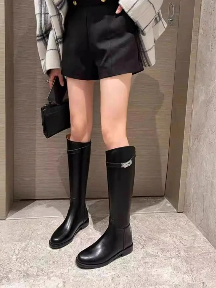 Black Leather Elegant with Low Heels Ladies Knee High Shaft Shoes Trend 2025 New in Comfortable Hot Rock Y2k Women's Long Boots