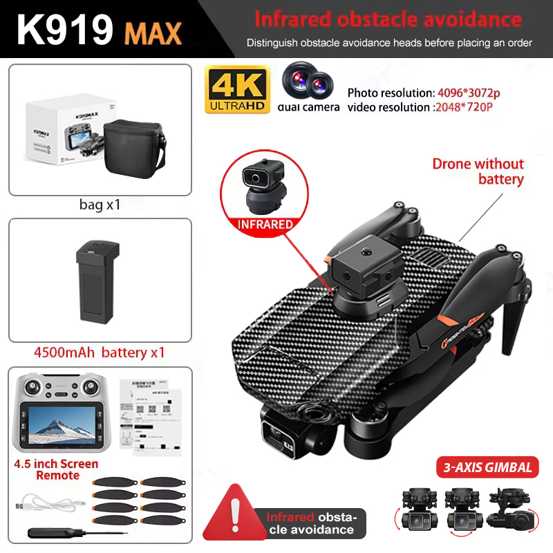 K919 MAX GPS Drone Professional 4K HD Camera 3-Axis Gimbal Obstacle Avoidance Brushless 5G WIFI Large Screen RC Quadcopter Toys
