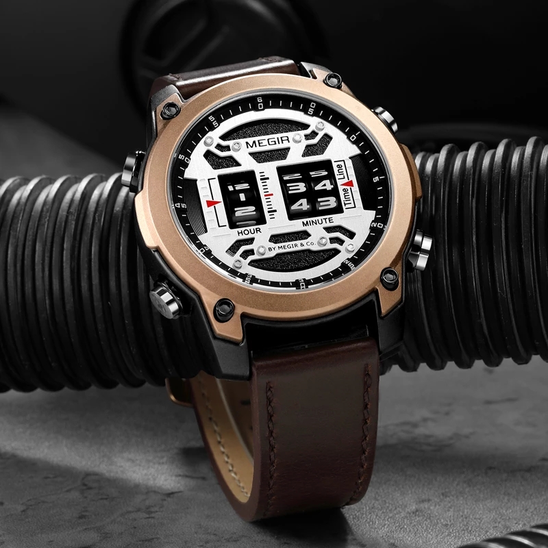 MEGIR Scroll Wheel Design Watches Men Leather Business Sports Watch Fashion Quartz Waterproof Roller Time Display relogio