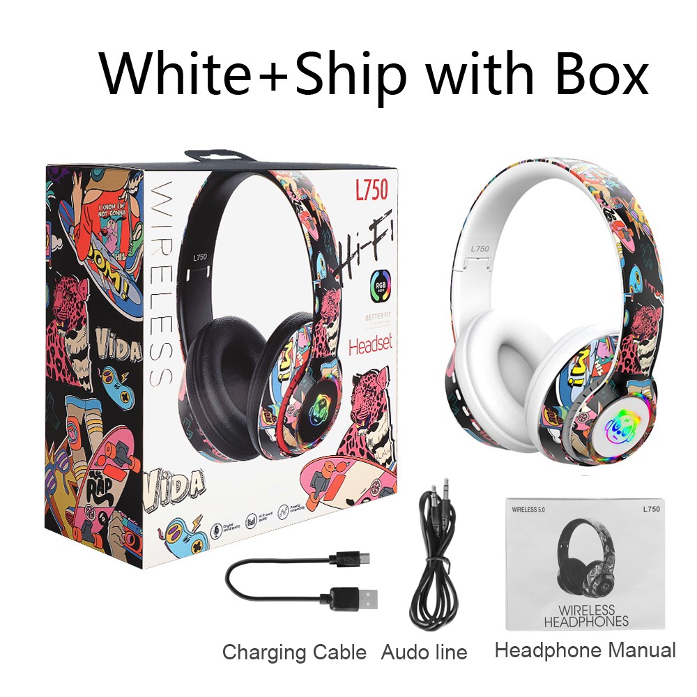 Graffiti Headphones Bluetooth 5.1 DJ Headset Wireless Gamer  with Mic RGB LED Light For Kids PC Gamer Earphone Support TF Card