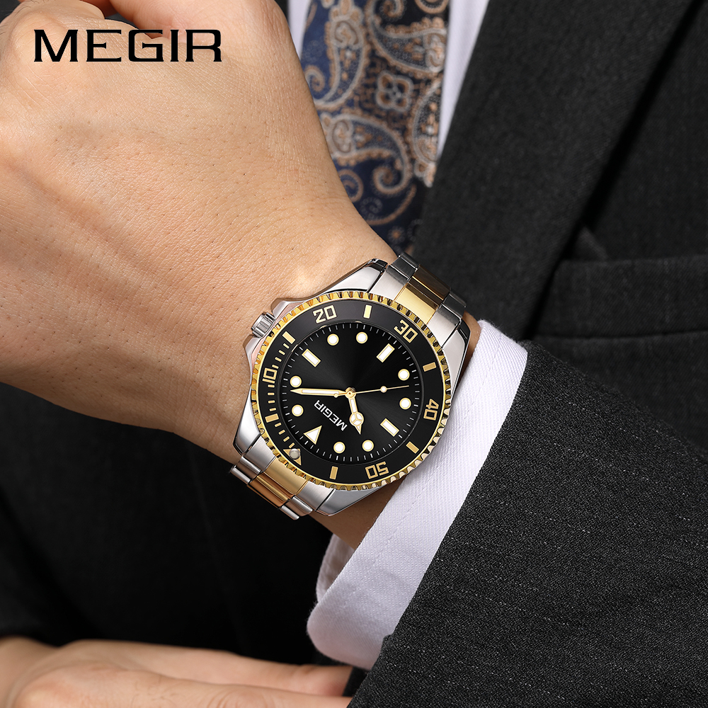 MEGIR Brand Fashion Men's Quartz Watch Steel Strap Display Calendar Watches Classic Man Luxury Waterproof Wristwatch Clock