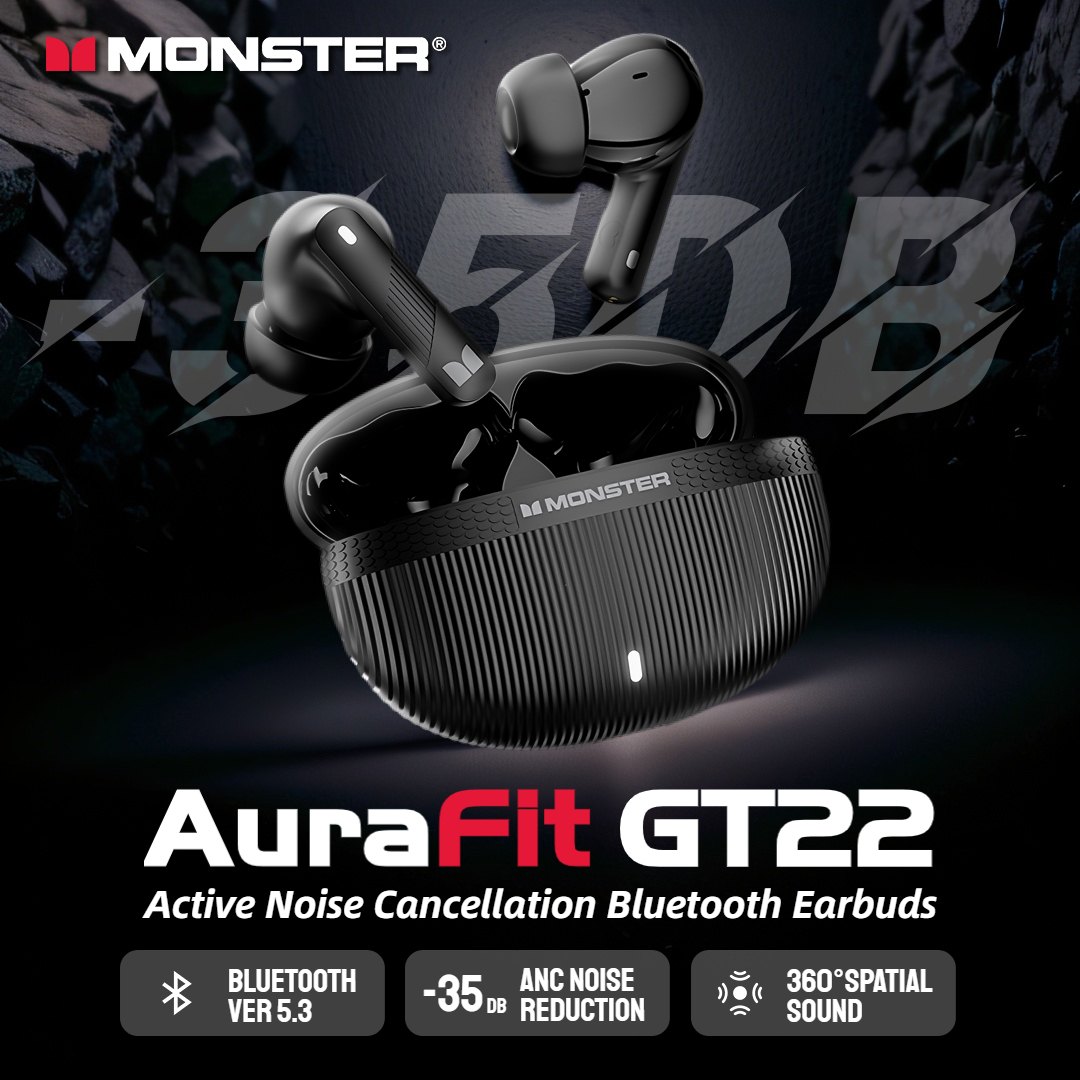 Monster AuraFit GT22 -35dB Active Noise Cancelling Earbuds 360° Stereo Wireless Bluetooth Headphone ANC Bluetooth 5.3 Earphone