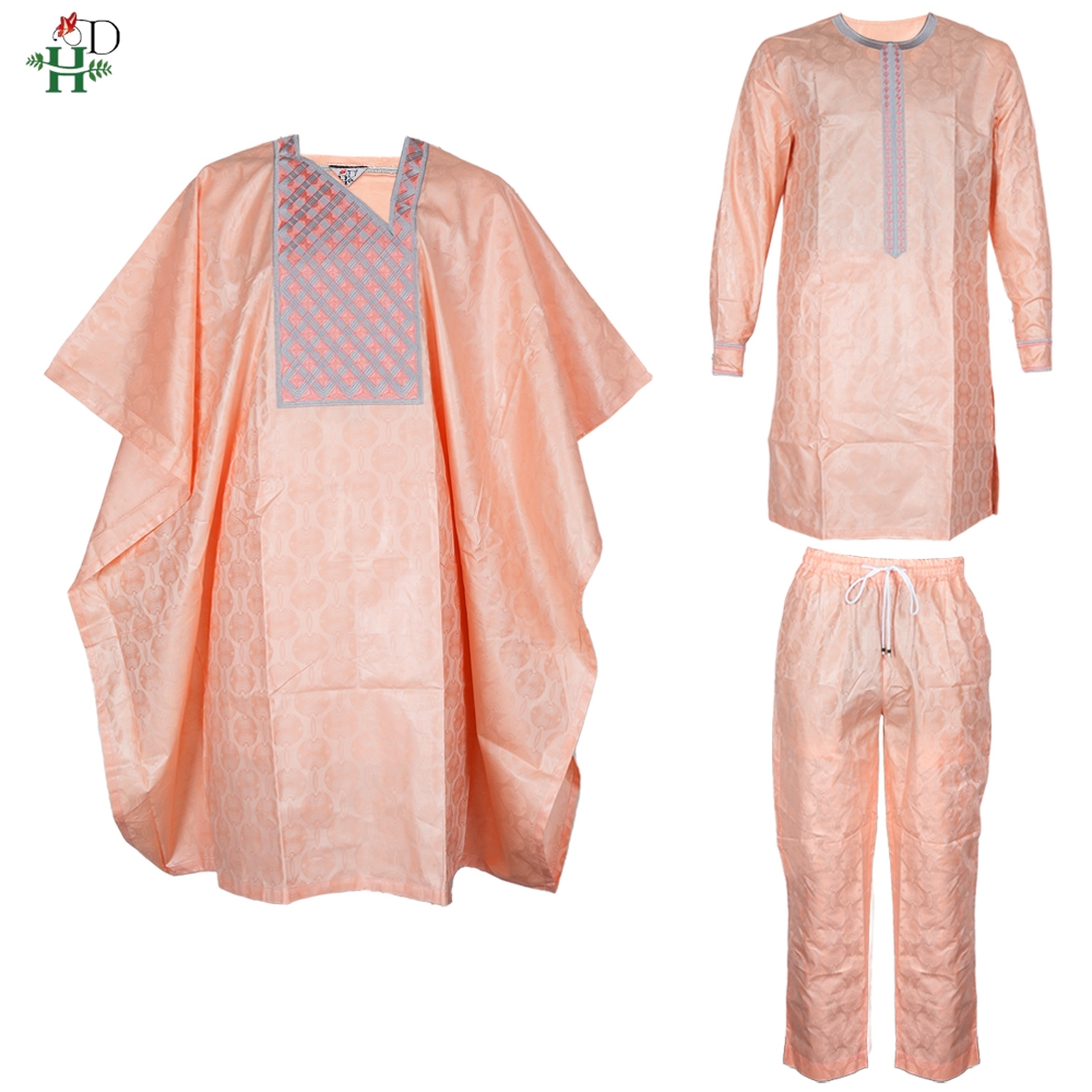H&D African Clothing For Men Traditional Bazin Riche Embroidery Design Top Long Sleeve Pink 3 Piece Set Muslim Abaya Thobe 2025