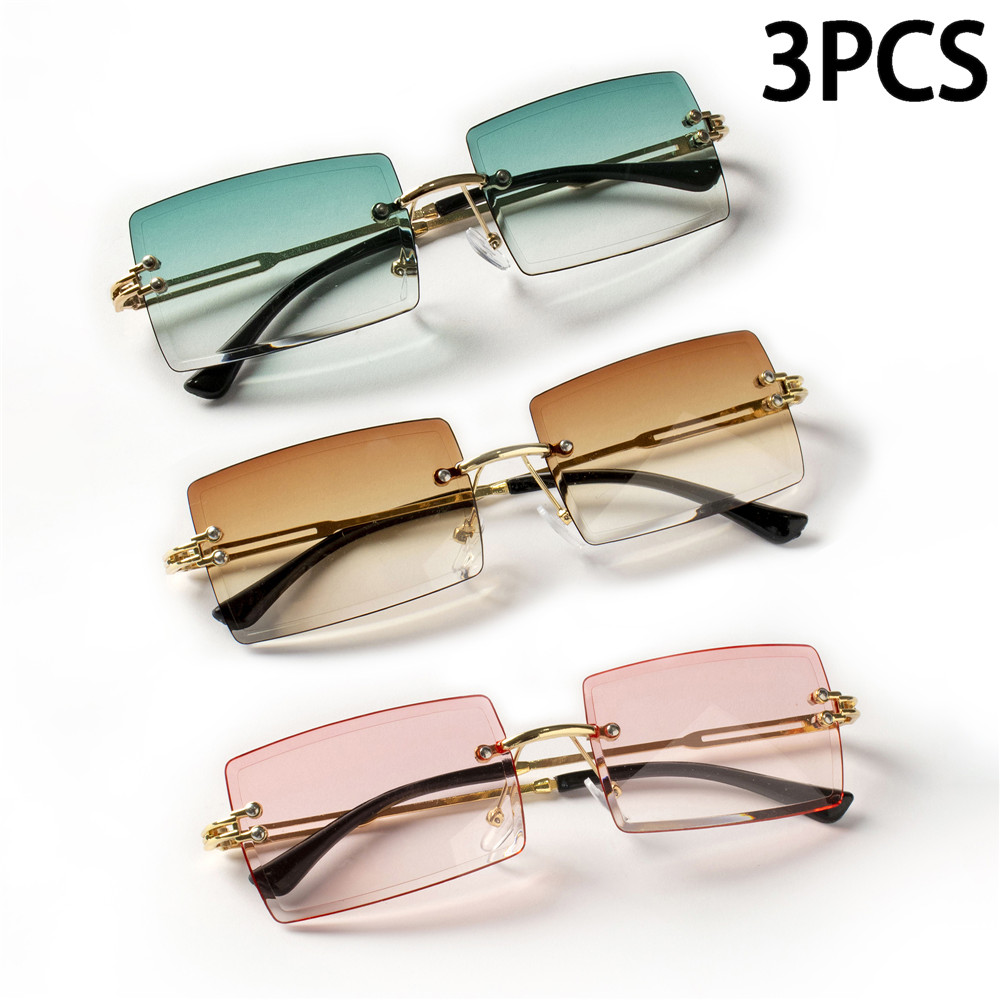 3PCS Fashion Rimless Sunglasses Women Trendy Small Rectangle Sun Glasses  Summer Traveling Style Brown Shades for men