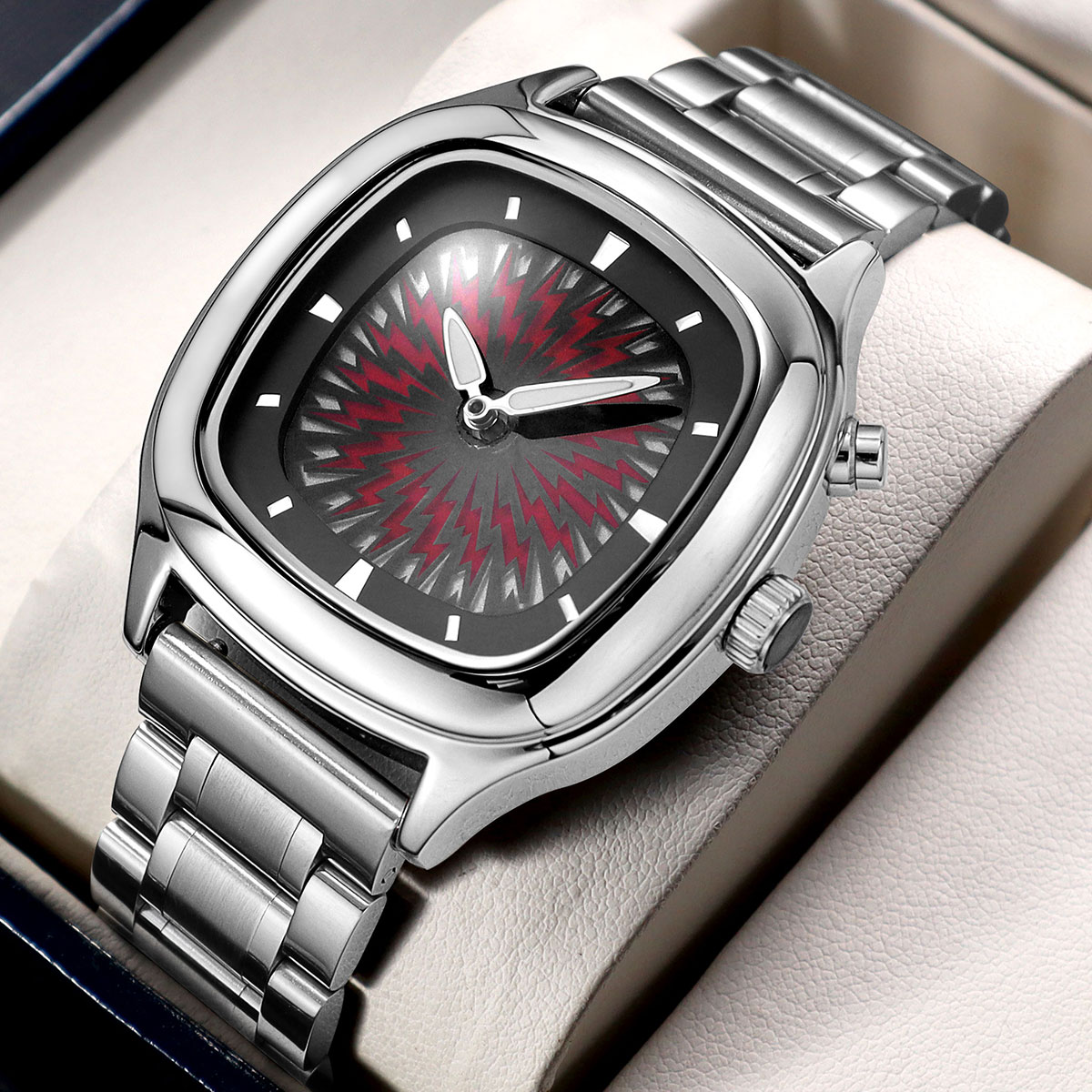 Retro Millennium Watch for Men with Dynamic Flame Dial Unique Creative Quartz Wristwatch with Stainless Steel Strap Square Case