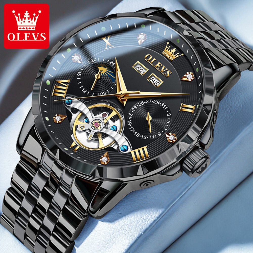 OLEVS Skeleton Multifunctional Men's Watch Automatic Mechanical Luxury Wrist Watch For Men Waterproof Stainless Steel Strap 6691