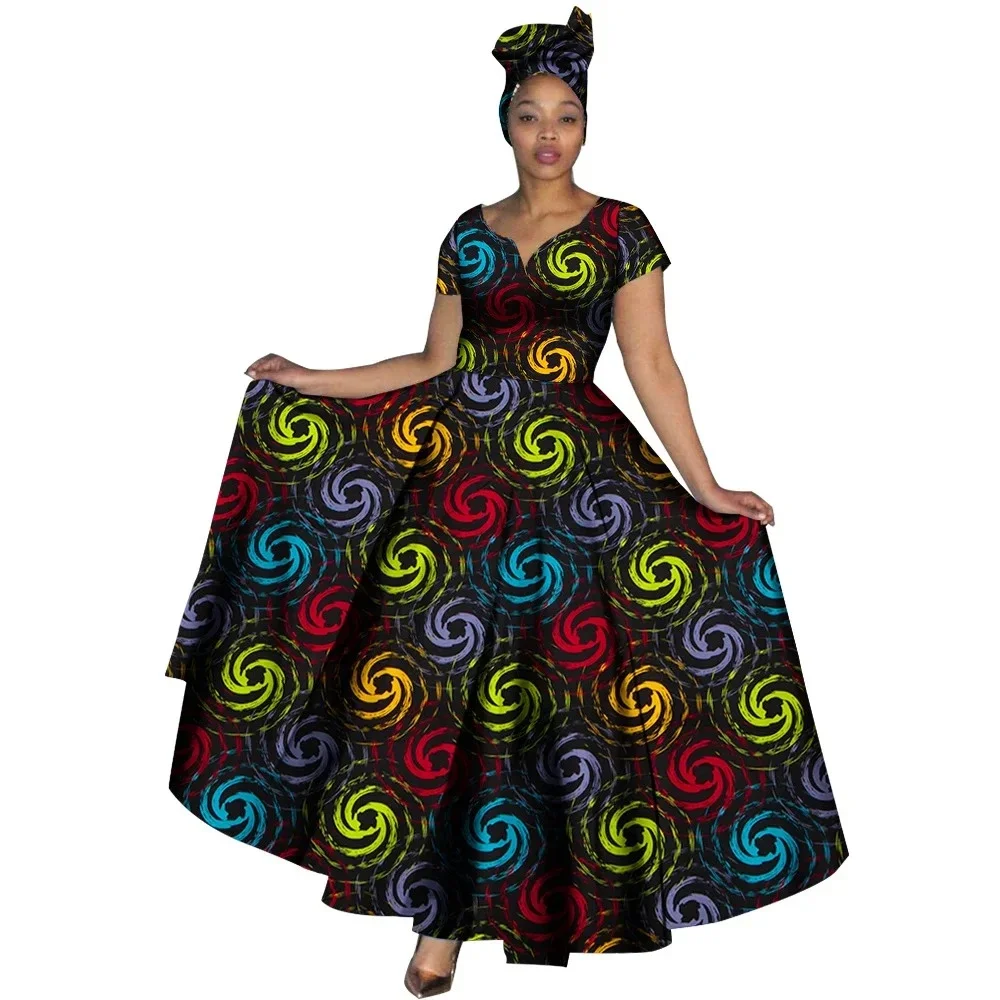 Fashion Women Clothes African Dresses Ankara Print V-neck Maix Long Dresses with Head Scarf Dashiki Women Outfit WY749