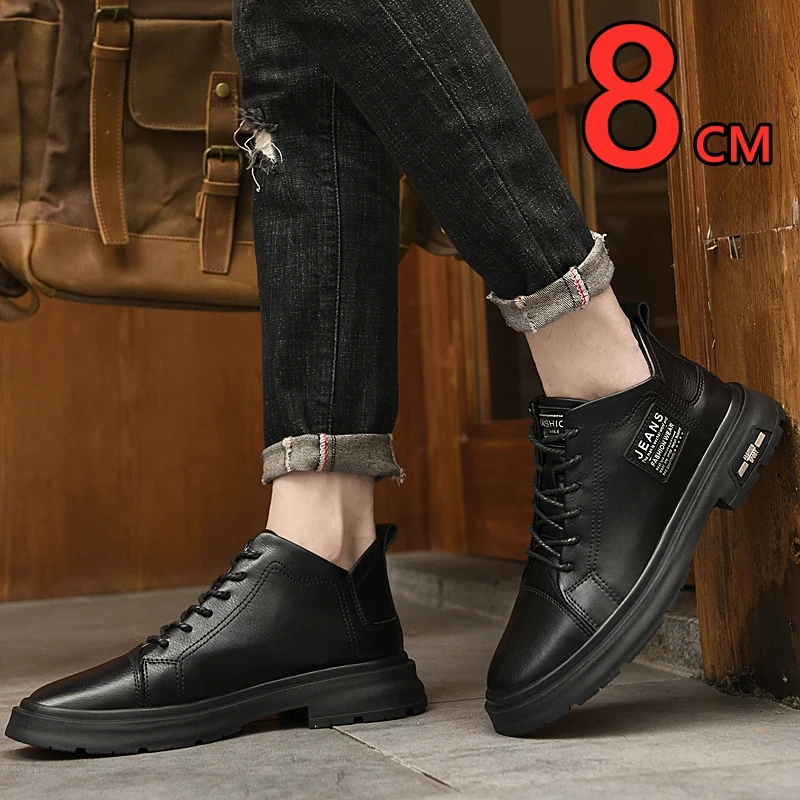 Men Genuine Leather Heightening Shoes Comfort Lace Up Casual Elevator Shoes Commerce Breathable Height Increase Insole 8CM Sport