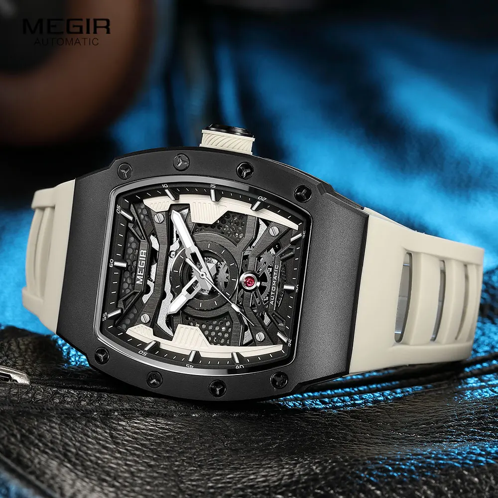 MEGIR 8604 Men's Wine Barrel Automatic Mechanical Watch Fashion and Leisure Silicone Strap Fashion Night Light Watches for Man