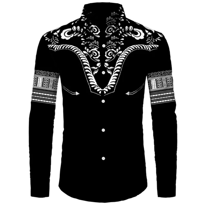 Colorful African Pattern Hawaiian Shirts For Men Retro Ethnic 3D Printed Blouse Casual Loose Aloha Shirts Long Sleeves Tops