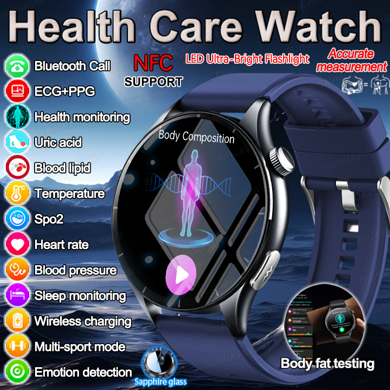 2025 New NFC  Health MonitorUric Acid Blood Pressure Blood oxygen Body Analysis Smart Watch ECG+PPG Clock Smartwatch Men lady