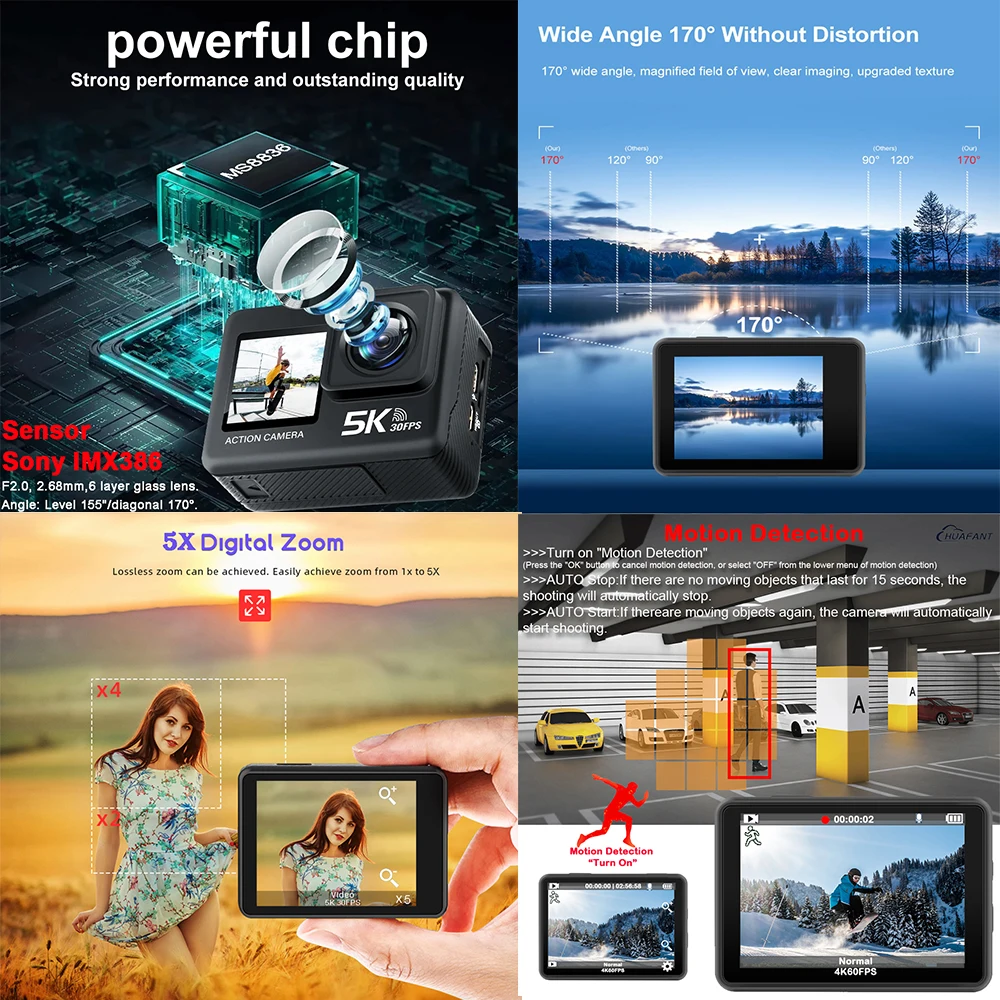 Action Camera 5K 4K60FPS 50MP 2.0 Touch EIS Pre-Record Wireless Mic Wi-Fi 170D DVR Webcam Waterproof 30M 5X Zoom Sports Camera