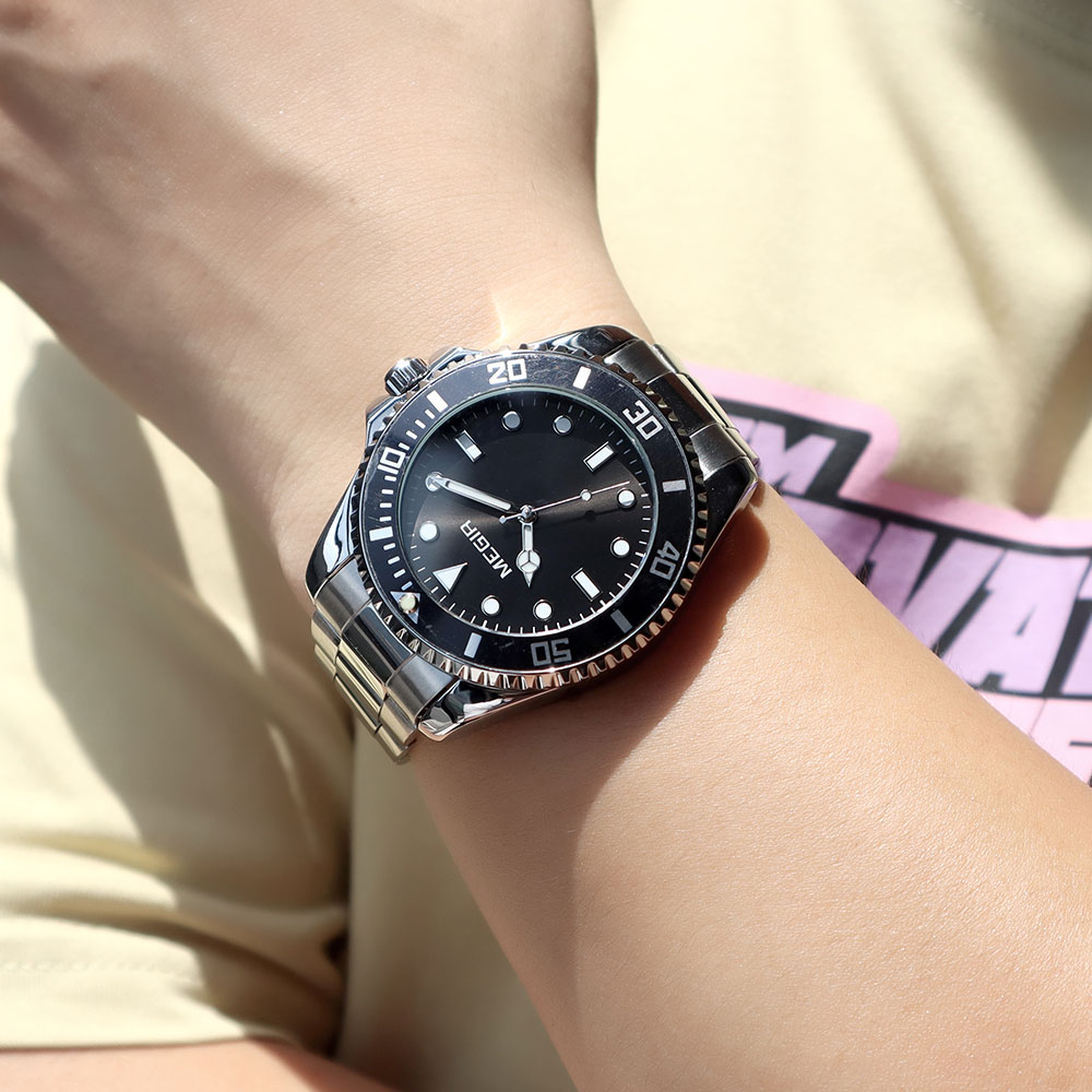 MEGIR Men's Minimalist Quartz Watch with Luminous Hands Calendar Date Stainless Steel Band Simple Business Style Wristwatch